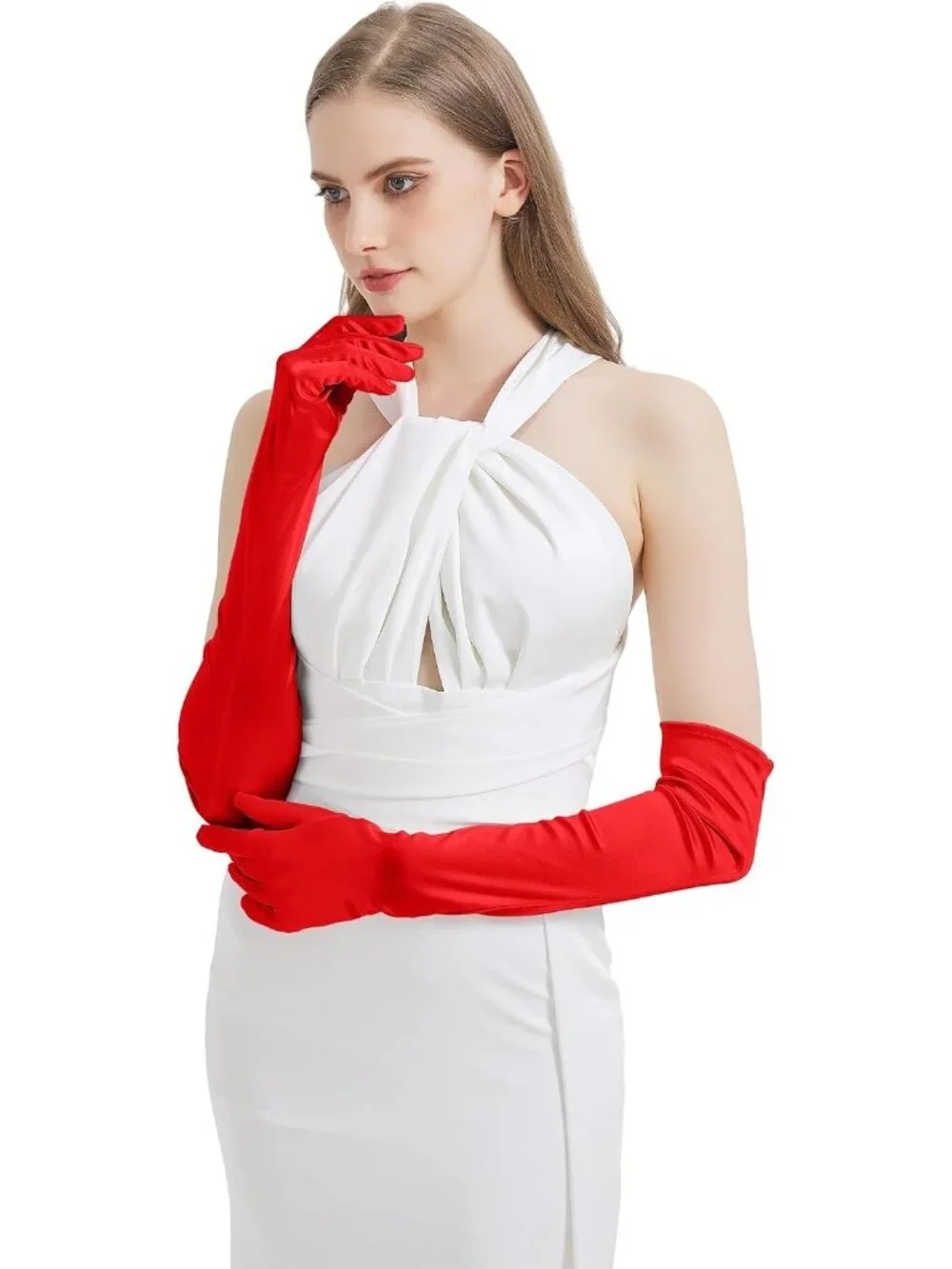 Women's Red Satin Opera Elbow Length 1920s Flapper Long Gloves Party